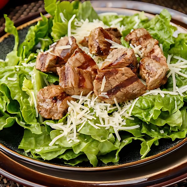 Steak-Out's steak salad with grilled steak pieces, fresh green lettuce, and shredded cheese.